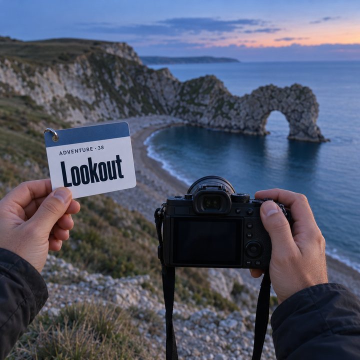 Hands holding a camera above Durdle Door on the Dorset coast after sunset; in the other hand the Lookout sheet