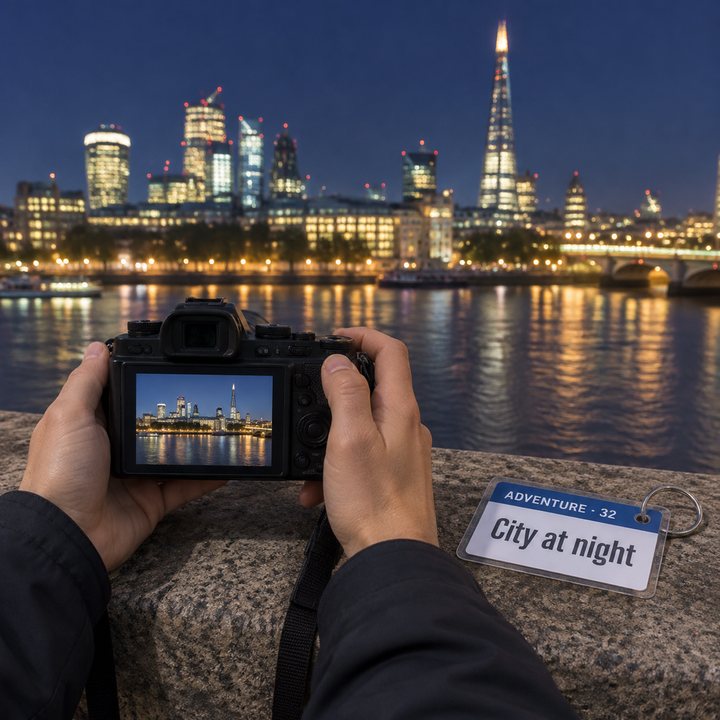 Hands steadying a camera on the parapet of Waterloo Bridge, with the City lit up across the river, next to the City at night sheet