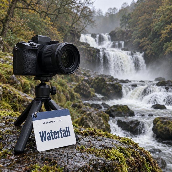 A camera on a mini tripod beside Swallow Falls at Betws-y-Coed in Eryri, with the Waterfall sheet leaning against the tripod leg