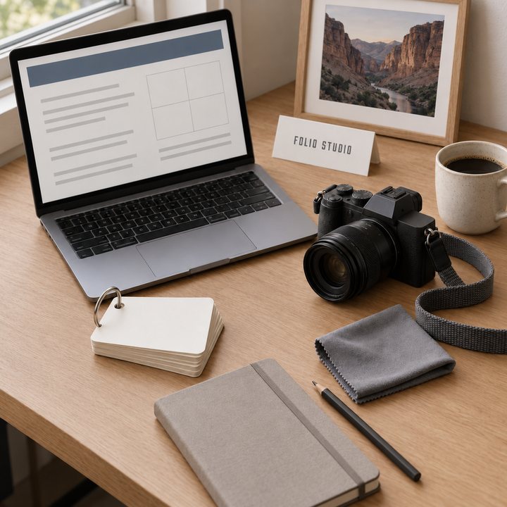Folio Studio desk: laptop, sheets on a key ring, camera and notebook