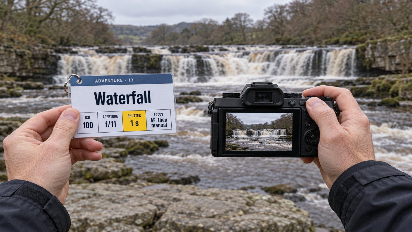 Hands holding a camera in front of Aysgarth Falls in the Yorkshire Dales, with a Waterfall cheat sheet showing four numbers in the other hand