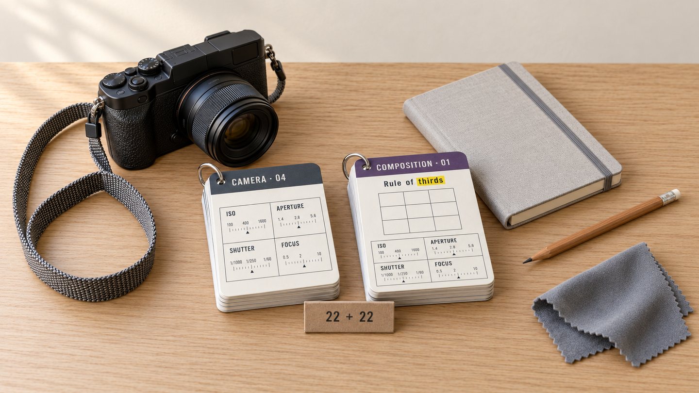 44 Camera & Composition Sheets: two stacks of sheets on camera and composition on the table
